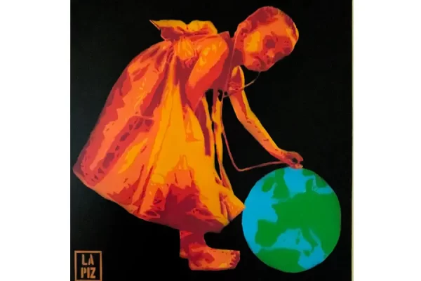 Original artwork "Earthbeat" by LAPIZ painted on wooden board. A girl with a stethoscope is listening to the globe, asking price €1050