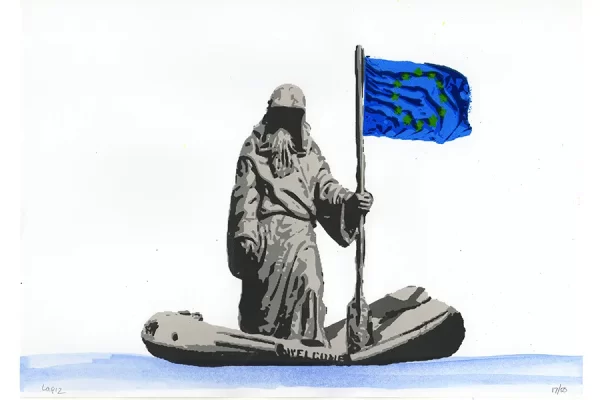Hand-finished screenprint "Ferryman" by LAPIZ, ferryman over the styx river in a zodica holding European flag. signed and numbered asking price €105