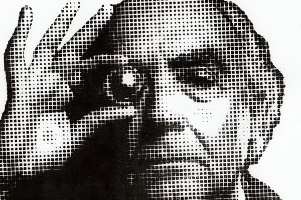 Detail view of the pixelated halftone screen print "Saramago" by LAPIZ, asking price €75