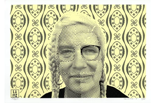 Screen print by LAPIZ showing frontal woman's face pixelated with wavy background. Logo of the Artist, Variation A, asking price €110