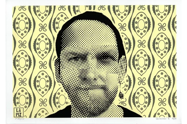Screen print by LAPIZ showing frontal man's face pixelated with wavy background. Logo of the Artist, Variation B, asking price €110
