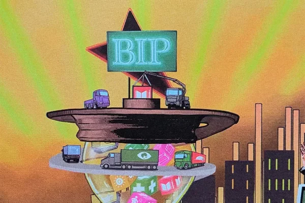 Detail of the Risography "Wealth or Growth" by LAPIZ and Elmar Karla, interpretation of SDG8 for globalgoals.hamburg, showing "BIP" and trucks offering SDGs, asking price €40